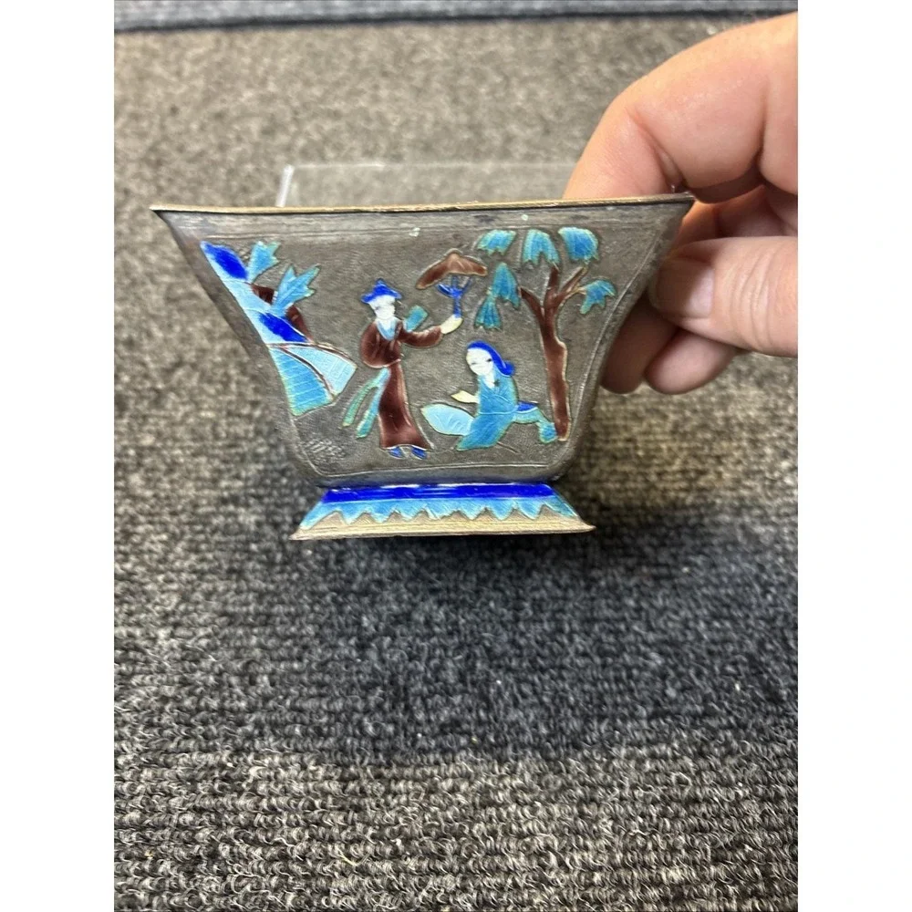 Vtg~Chinese Enameled Copper Blue Lined/Enamel Square Bowl~ Family Story
